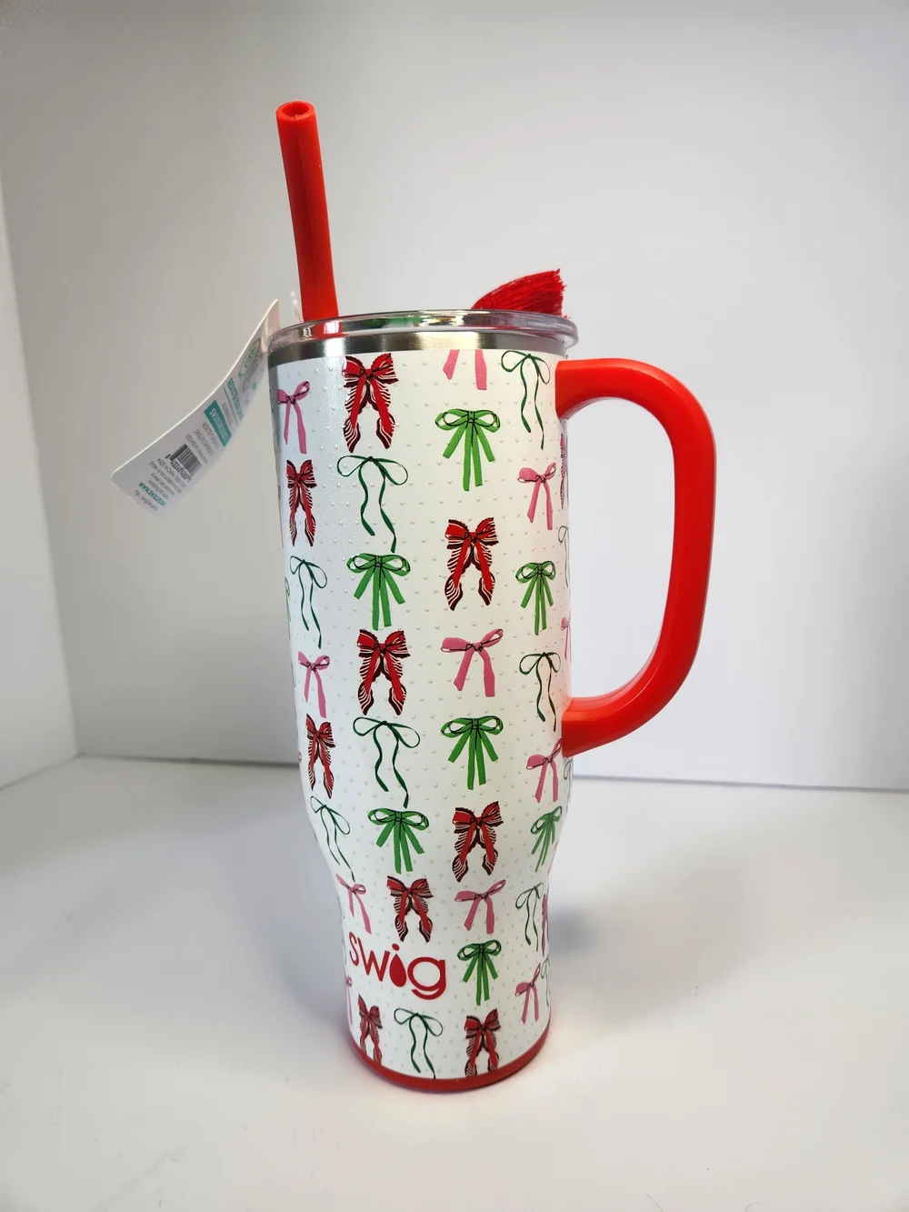 Insulated Holiday Bow Travel Mug with Red Handle and Straw